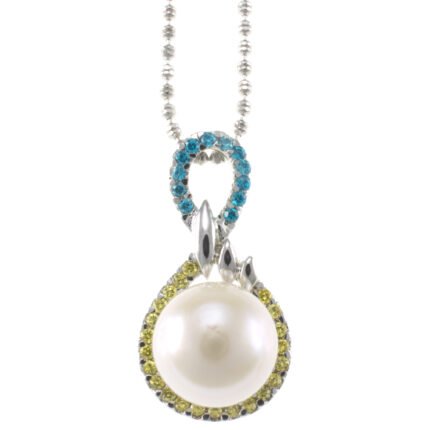 Pearlz Ocean Sterling Silver Freshwater Pearl and Multi-colored Zircon Pendant Necklace
