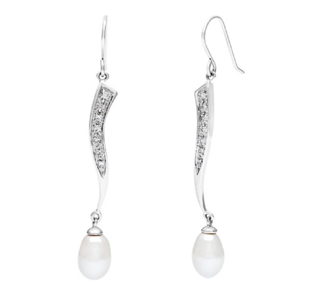 Pearlz Ocean Sterling Silver Freshwater Pearl and White Zircon EarRings