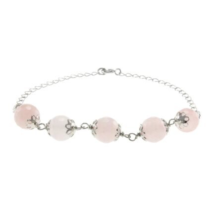 Pearlz Ocean Sterling Silver Link Bracelet with Faceted Gemstone Bead Rose Quartz Jewelry for Women