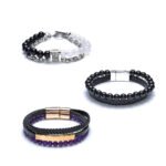 Pearlz Ocean Handmade Gemstone and Leather Beaded Bracelet Set of 3 - Black Onyx, Black Agate Stone, Amethyst