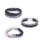 Pearlz Ocean Handmade Gemstone and Leather Beaded Bracelet Set - Rose Quartz Amethyst, Labradorite Stone, Labradorite