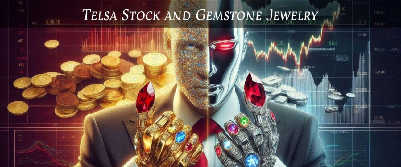 Tesla stock chart with gemstone jewelry, blending investment trends and luxury style. Perfect for modern investors. Shop at Dsireshop.com.