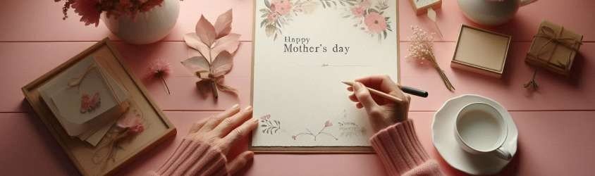 A handwritten poem on a piece of parchment paper, accompanied by a pen, a cup of tea, and a small vase of flowers, symbolizing a heartfelt Mother’s Day gesture.