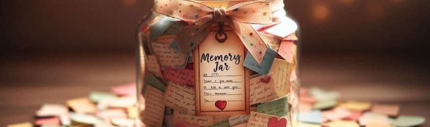 A handmade memory jar filled with colorful, rolled-up notes and decorated with ribbons, sitting on a table next to a pen and a vase of flowers.