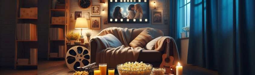 A cozy movie night setup at home with a blanket, popcorn, a bowl of snacks, and a TV showing a classic film, perfect for celebrating Mother’s Day.