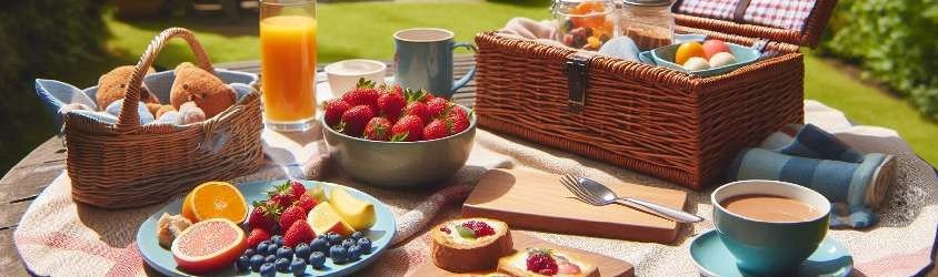 A charming outdoor picnic setup for Mother’s Day, featuring a wicker basket, sandwiches, fresh fruit, a bottle of wine, and a cozy blanket in a sunny park.