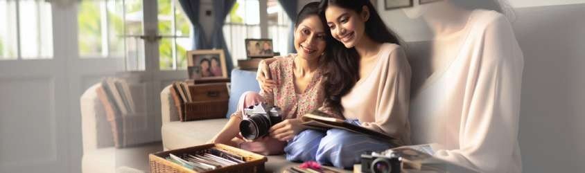 A family photo album open on a table, surrounded by old photographs, handwritten notes, and a cup of tea, symbolizing a nostalgic Mother’s Day celebration.