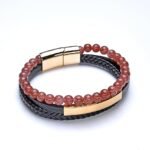 Pearlz Ocean Strawberry Quatz Gemstone Beads Beaded Braided Leather Bracelets for Men Unisex