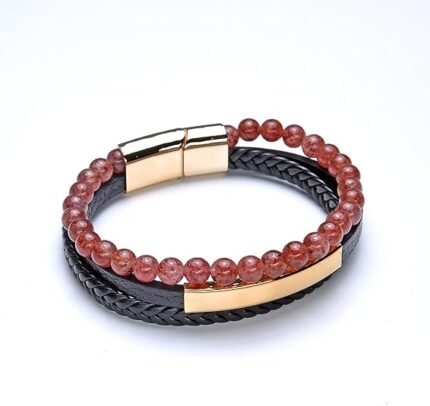 Pearlz Ocean Strawberry Quatz Gemstone Beads Beaded Braided Leather Bracelets for Men Unisex