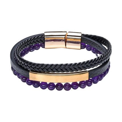 Pearlz Ocean Men's Leather Bracelet with Genuine Amethyst Beads - Natural Stone, Anxiety Relief, Stress Relief (Amethyst), Medium, Black