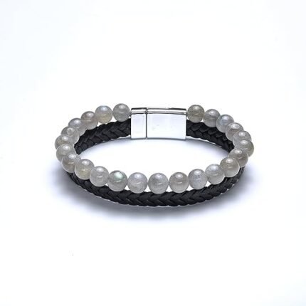 Pearlz Ocean New Men's Bracelet Bead Leather Braided Gemstone Labradorite 8mm Beaded Comfortable Leather Bracelets for Men, Medium, Black
