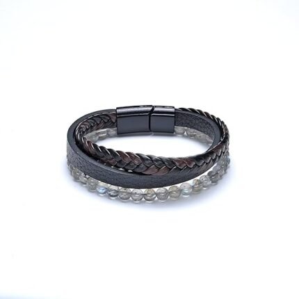 Pearlz Ocean Black Labradorite Beads Beaded Leather Bracelets for Men Women Unisex