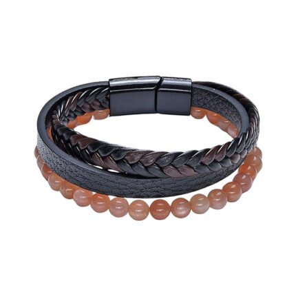 Pearlz Ocean New Mens Bead and Leather Braided Peach Moonstone Jewelry Accessory Gift Bracelet for Men, Medium, Black