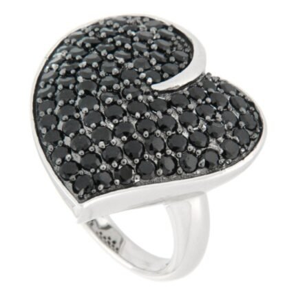 Pearlz Ocean Ladies Heart Black Spinel Ring – 925 Sterling Silver Rhodium Plated – Designer Cocktail Ring 6.14g – Bold & Elegant Natural Gemstone Jewelry