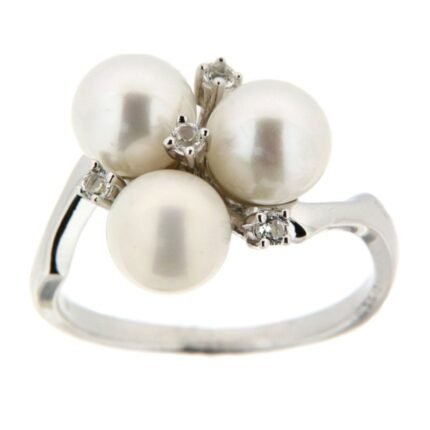 Pearlz Ocean Pearl & White Topaz Cluster Ring for Women – 7-8mm Freshwater Pearls in Rhodium-Plated 925 Sterling Silver, Elegant Jewelry for Gifting & Special Occasions
