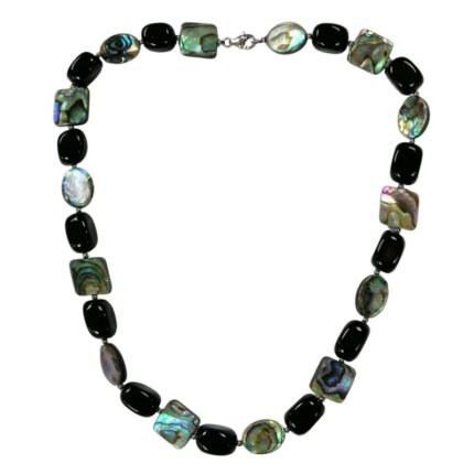 Pearlz Ocean Black Agate & Abalone Necklace for Women – 18" Natural Gemstone Necklace in 925 Sterling Silver, Unique Casual & Gift-Ready Jewelry