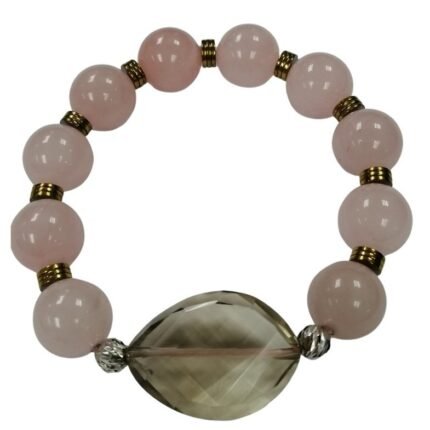 Pearlz Ocean Ladies Rose & Smokey Quartz Stretch Bracelet – 8″ Round Beads, Gold Hematite Accents, 925 Sterling Silver – Versatile Statement Jewelry for Gifting & Everyday Wear