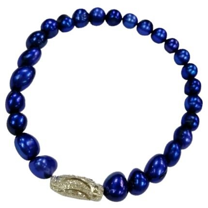 Pearlz Ocean Royal Blue Pearl Bracelet 7.5-8 inch Natural Freshwater Beads Women Sterling Silver Carving Drum Shape Elegant Adjustable Fit
