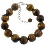 Pearlz Ocean Natural Tiger Eye Bracelet 12mm Round Beads, Elegant 925 Sterling Silver Jewelry for Ladies, Inner Strength & Balance