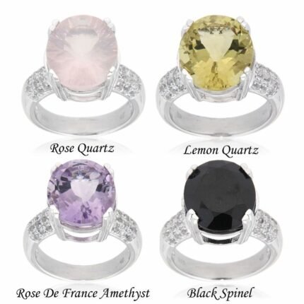 Pearlz Ocean Ladies Multi Gemstone Oval Ring – Black Spinel, Lemon Quartz, Rose de France Amethyst & White Topaz – Prong-Set 925 Sterling Silver – Statement Gift Jewelry