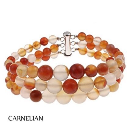 Pearlz Ocean Natural Carnelian Gemstone Bracelet 7.5 inch 3-Line Round Beads, 925 Sterling Silver, Stabilising Healing Beaded Bracelet for Ladies, Stylish Daily-Wear