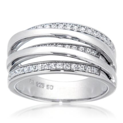 Pearlz Ocean White Cubic Zirconia Band Ring – 41 Round Stones in 925 Sterling Silver with Rhodium Finish, Elegant Party Jewelry for Women