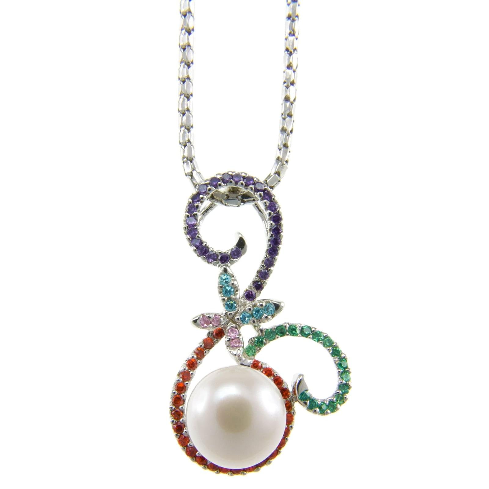 Pearlz Ocean Sterling Silver Freshwater Pearl and Multi-colored Zircon Pendant Necklace